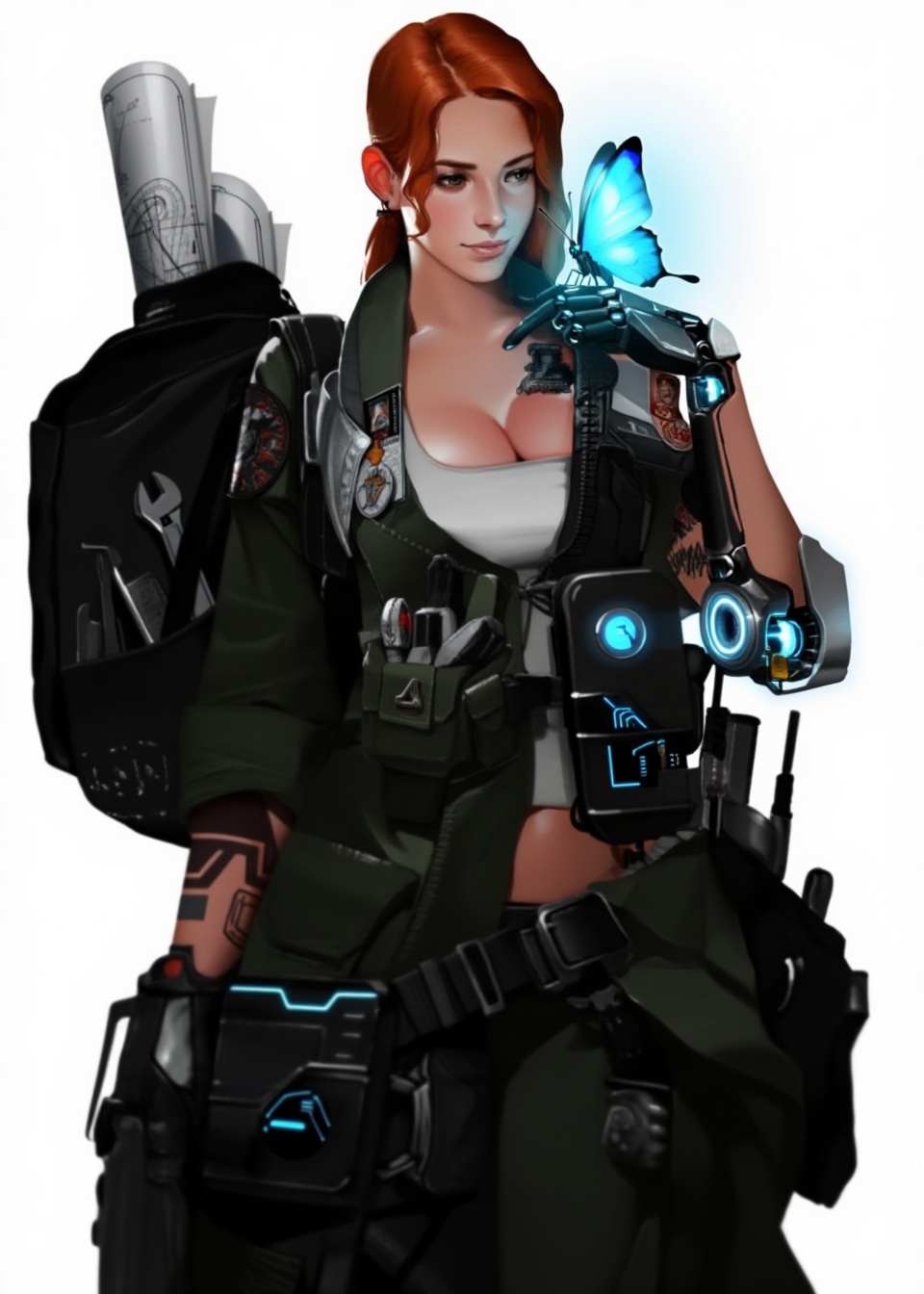 This detailed digital illustration features a young woman with long red hair and a cybernetic left arm. She is dressed in...