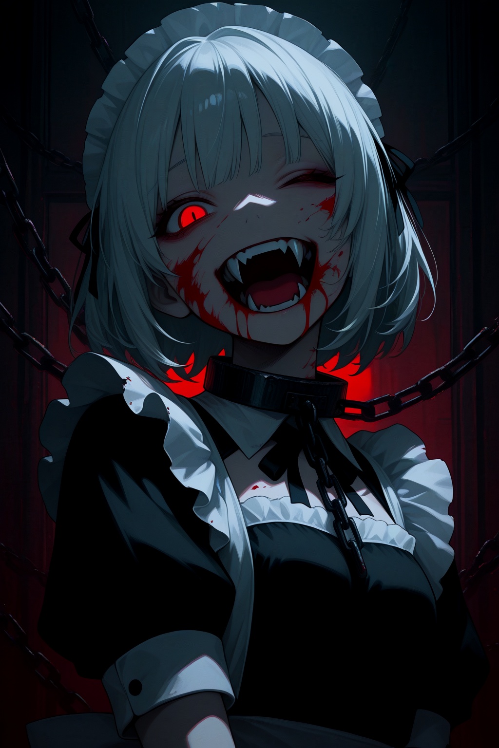 short hair,  maid,  fangs on Tensor.Art