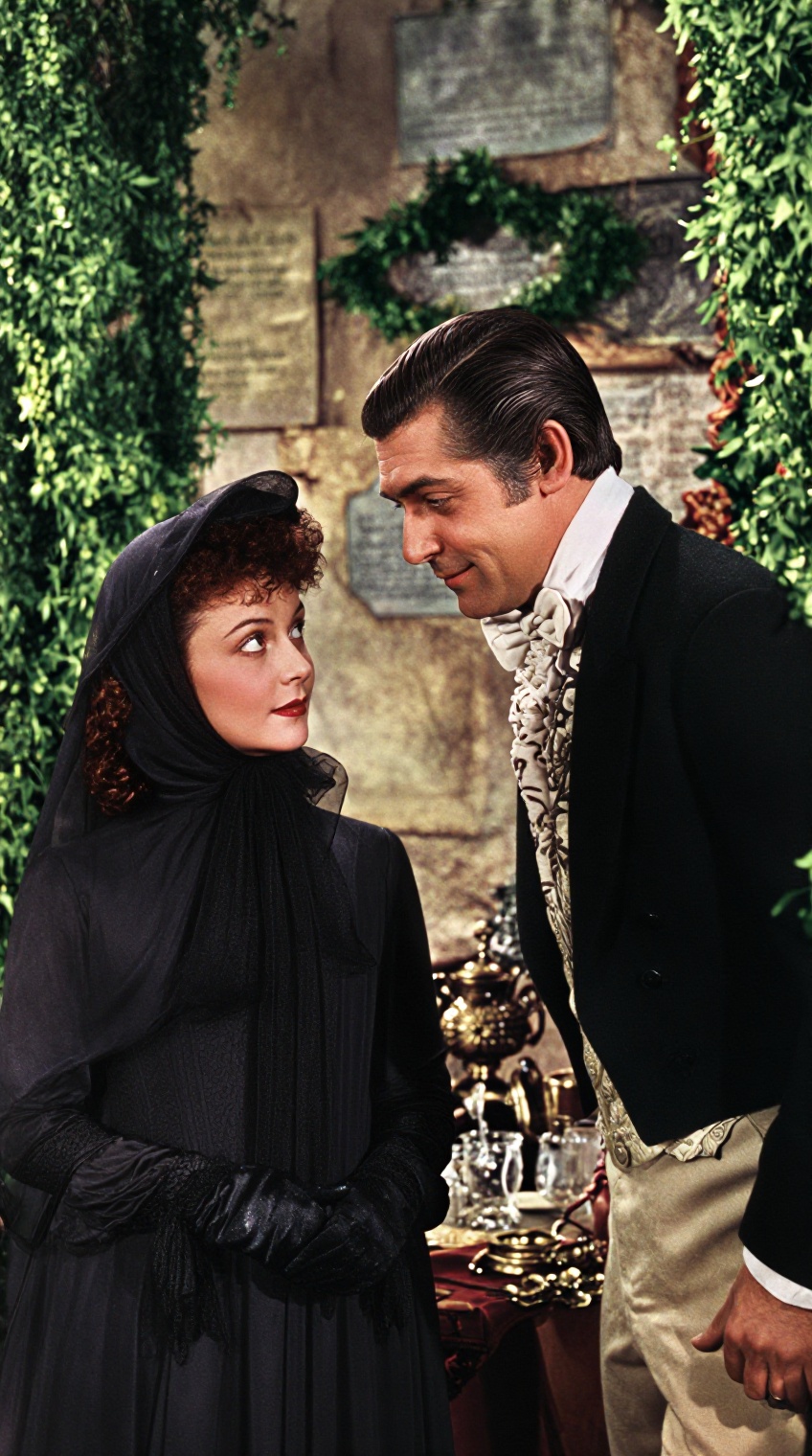 A woman in a black mourning dress with a sheer veil and gloves gazes upward at a man in an ornate black tailcoat,  white r...