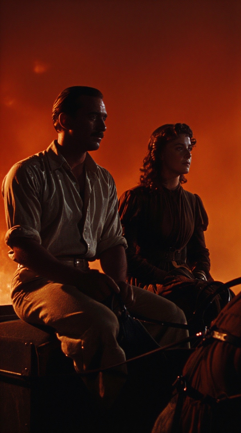 A man and a woman sit side by side on what appears to be a vehicle,  silhouetted against an intense,  glowing orange-red s...