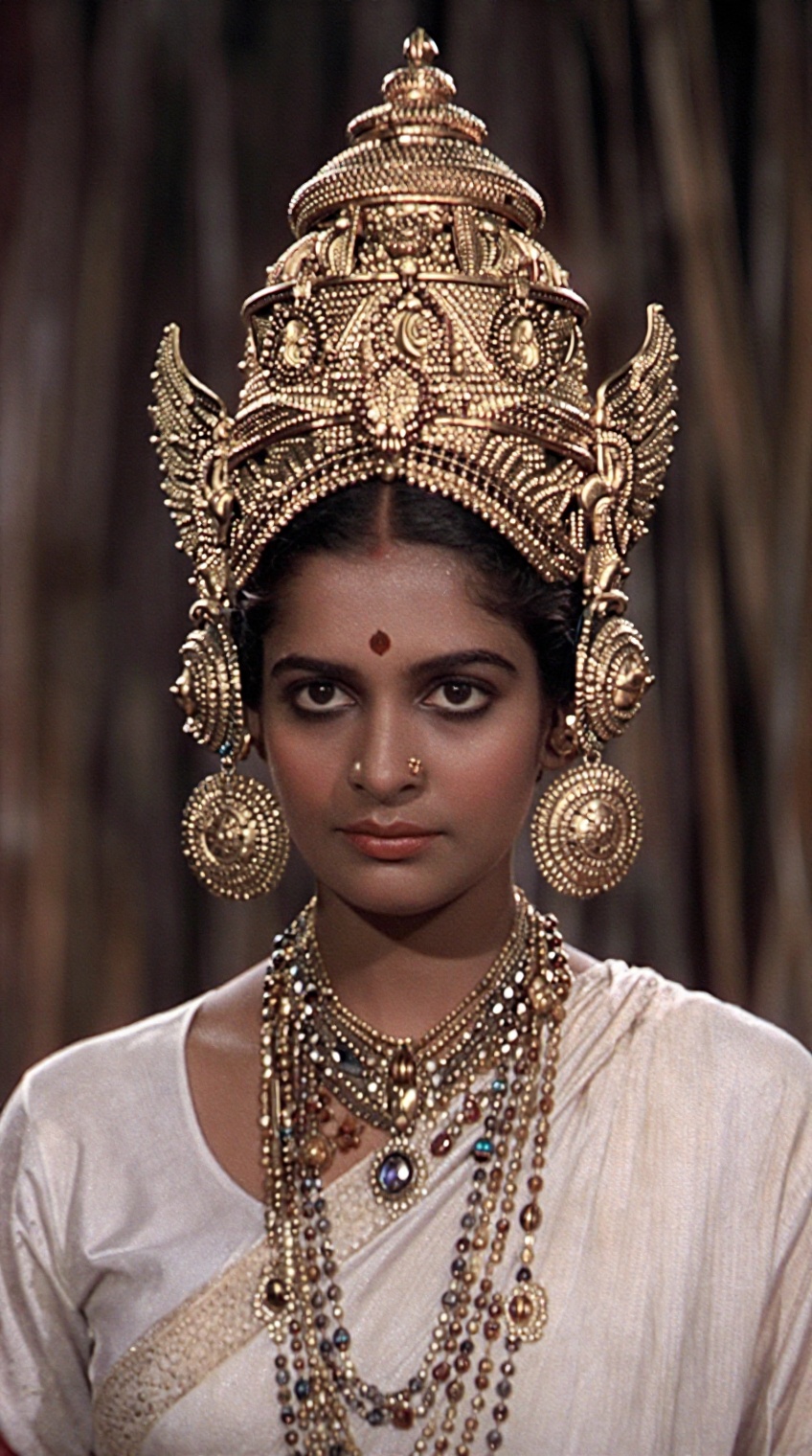 A woman gazes directly forward,  adorned in elaborate traditional Indian regalia: a towering golden headdress intricately...