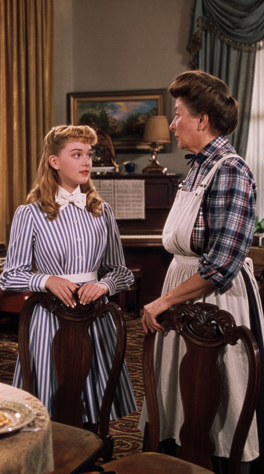 A young woman with blonde hair styled in soft waves wears a blue-and-white vertically striped blouse with a white bow at t...