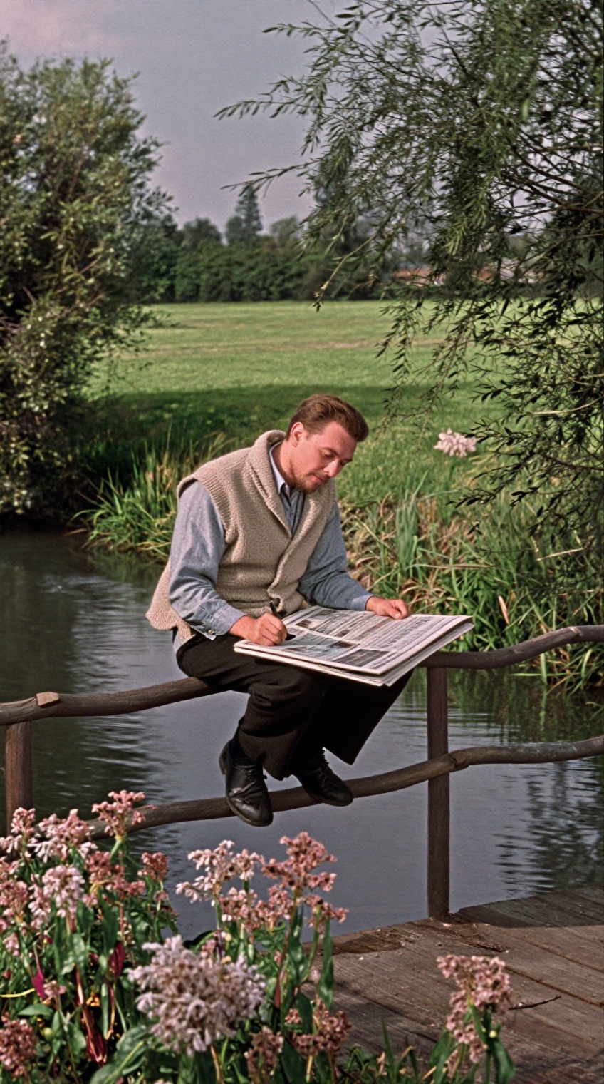 A man with short brown hair and a beard sits perched on a rustic wooden railing beside a calm river,  holding a pen and st...