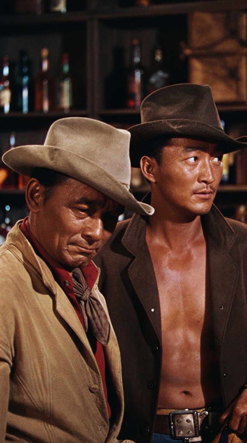 Two Chinese men in cowboy attire stand side by side inside a dimly lit saloon,  shelves of glass bottles lining the backgr...