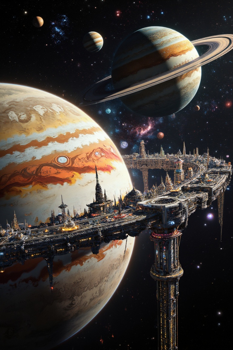 The image depicts a futuristic,  space-themed scene with a large planet in the foreground,  which is orange and white with...