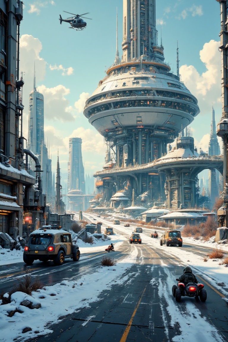 The image depicts a futuristic cityscape with towering structures and a blend of advanced technology and natural elements....