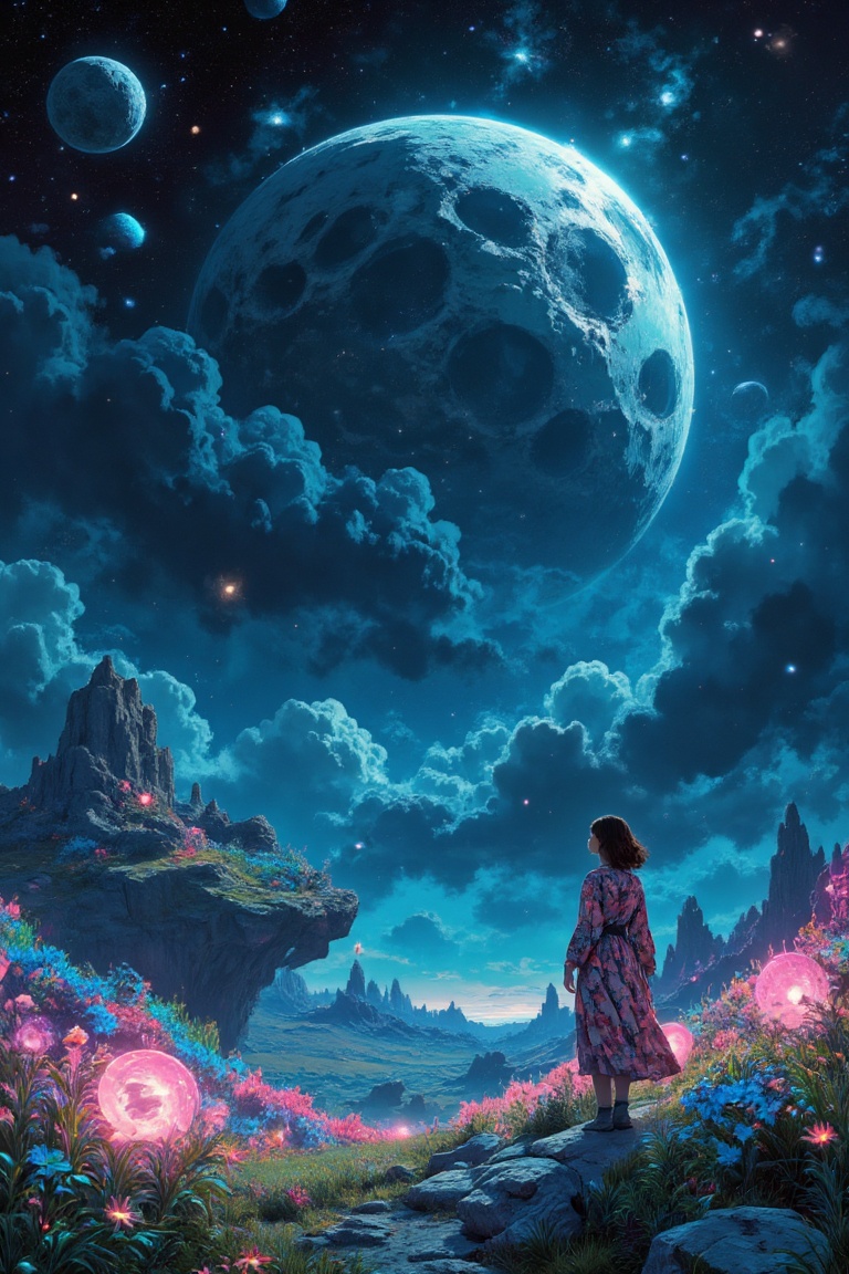 The image depicts a serene and surreal landscape with a woman standing in the foreground,  gazing at a vast,  otherworldly...
