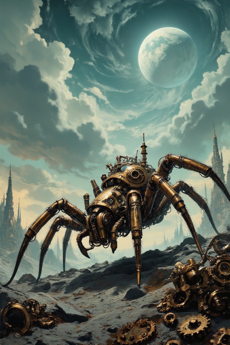 The image depicts a steampunk-style mechanical spider standing on rocky terrain. The spider is intricately designed with v...