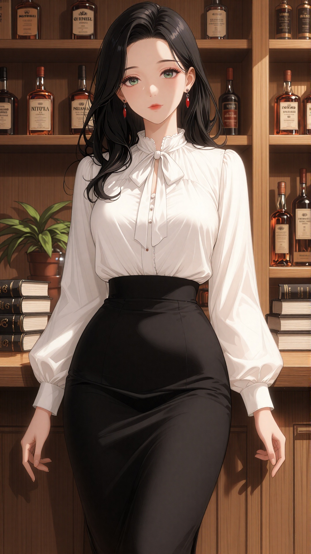 this is a digital anime-style illustration of a beautiful young woman with long,  wavy black hair and green eyes,  she is...
