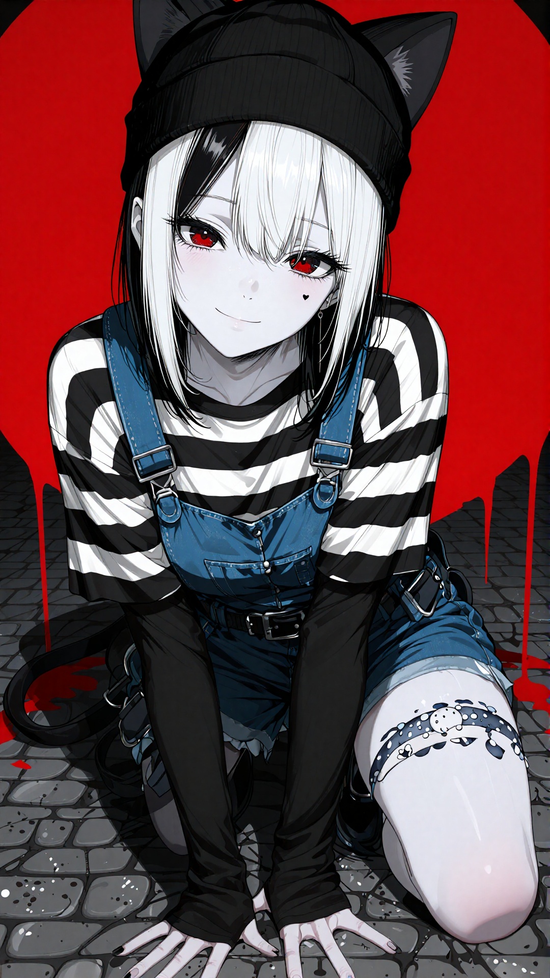 this digital anime-style illustration features a young woman with pale skin,  white hair with black streaks,  and red eyes...