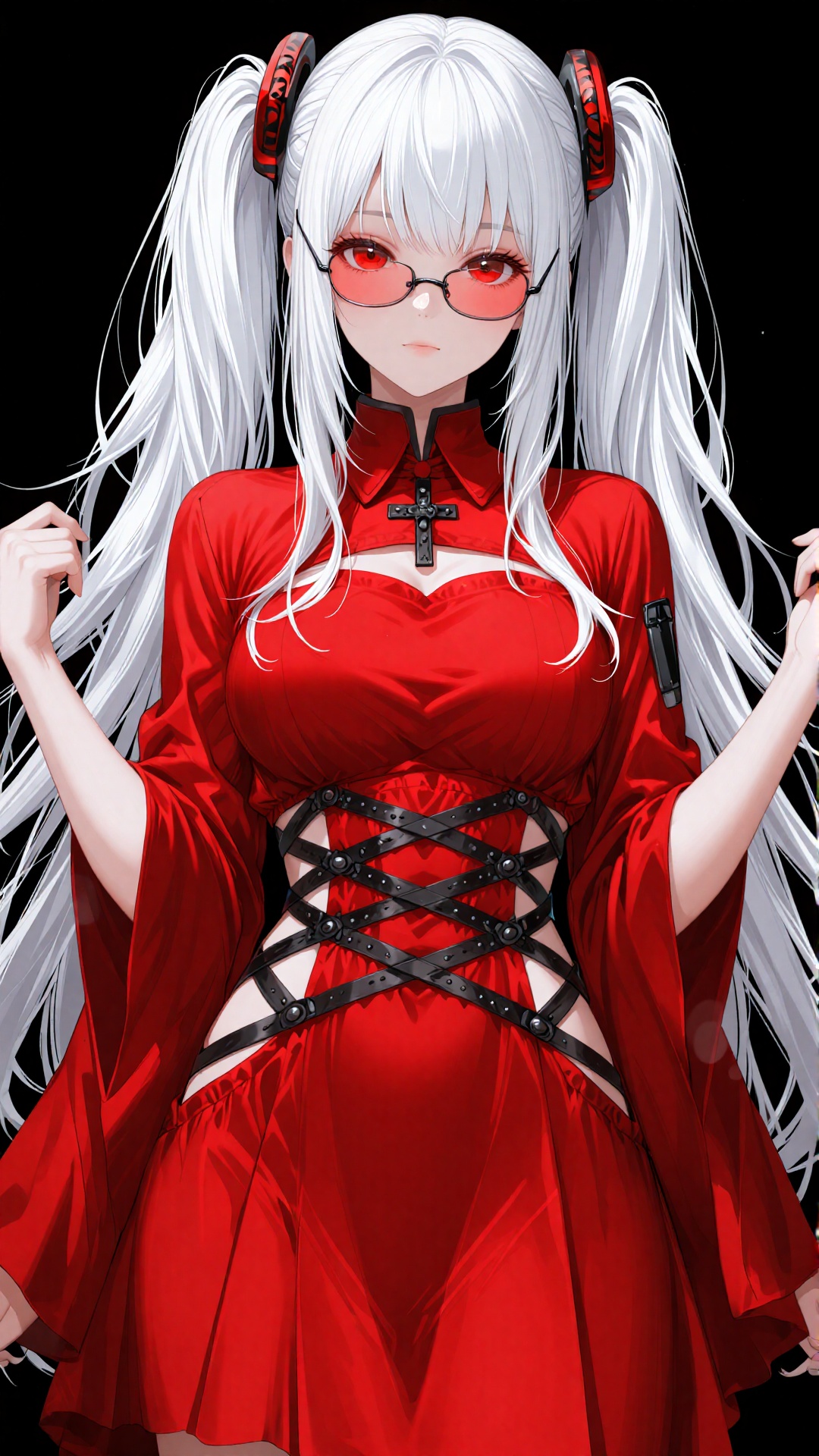 this is a digital anime-style illustration of a young woman with long,  flowing white hair and red-tinted glasses,  she ha...