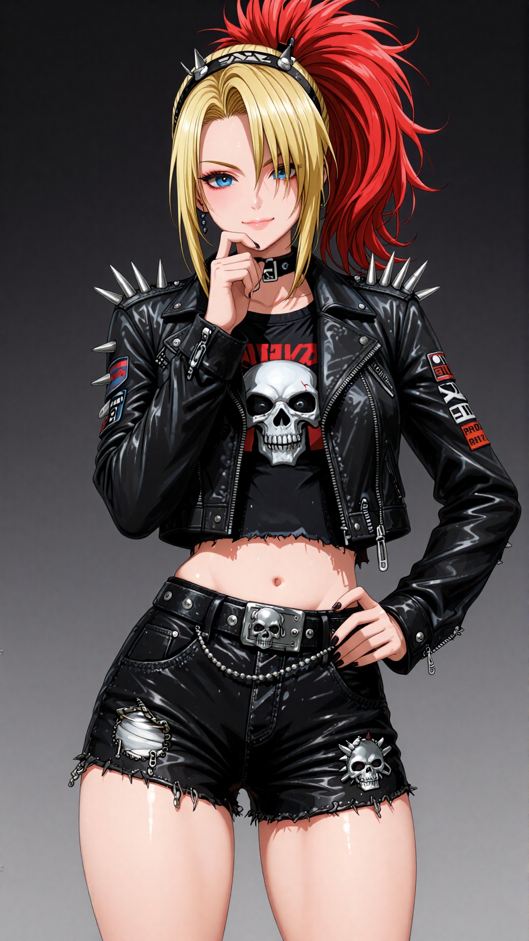 this is a digital anime-style illustration of a confident,  young woman with a punk aesthetic,  she has vibrant red and bl...