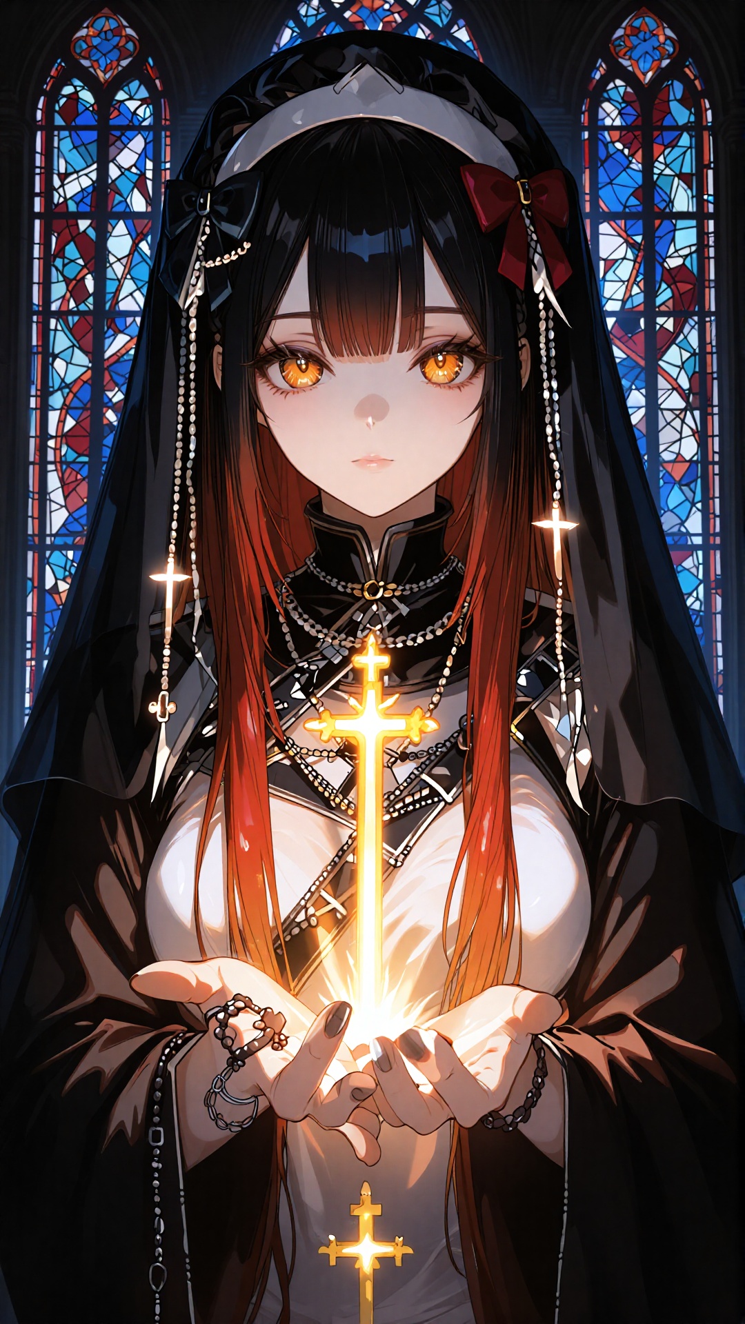 this is a digital illustration in an anime style depicting a young woman with pale skin,  large amber eyes,  and long blac...