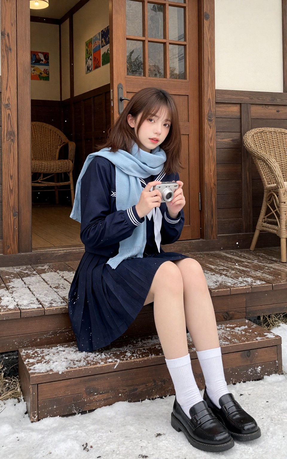 图像描绘了一位留着齐肩棕色头发的年轻女子,  身着海军蓝色校服（水手风格上衣,  白色条纹和百褶裙） by 让AI更感性 on Tensor.Art