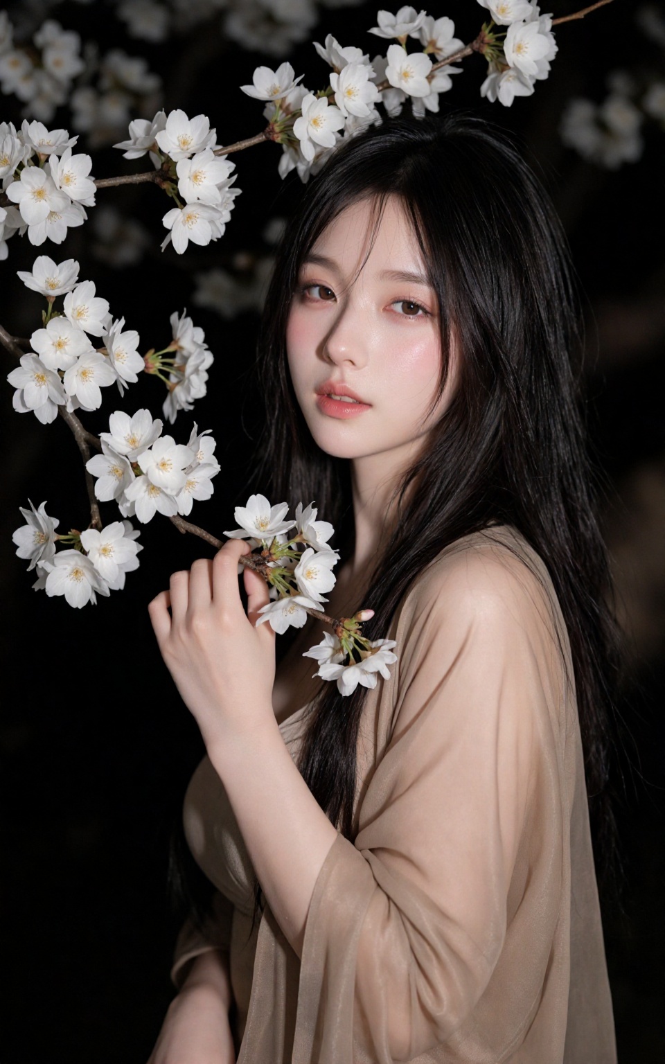 一位漂亮女孩,  有一头长长的黑发,  手里拿着一根开着白花的树枝。她的着装是一件轻盈飘逸的上衣 by 让AI更感性 on Tensor.Art