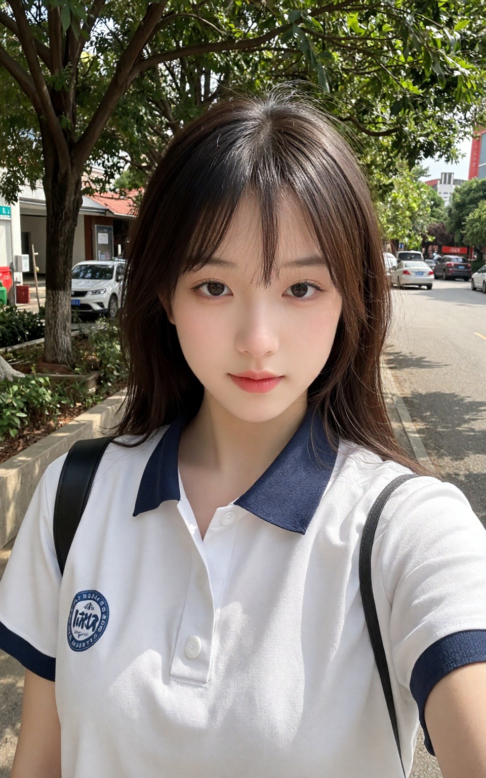 一位女高中生穿着带有标志的校服。背景有树木、有汽车的街道和建筑物。环境似乎是一个绿树成荫的市区。重点是个人,  因此背景可能是户外的休闲时刻,  可能在学校或公园附近。问题是关于图像 by 让AI更感性 on Tensor.Art
