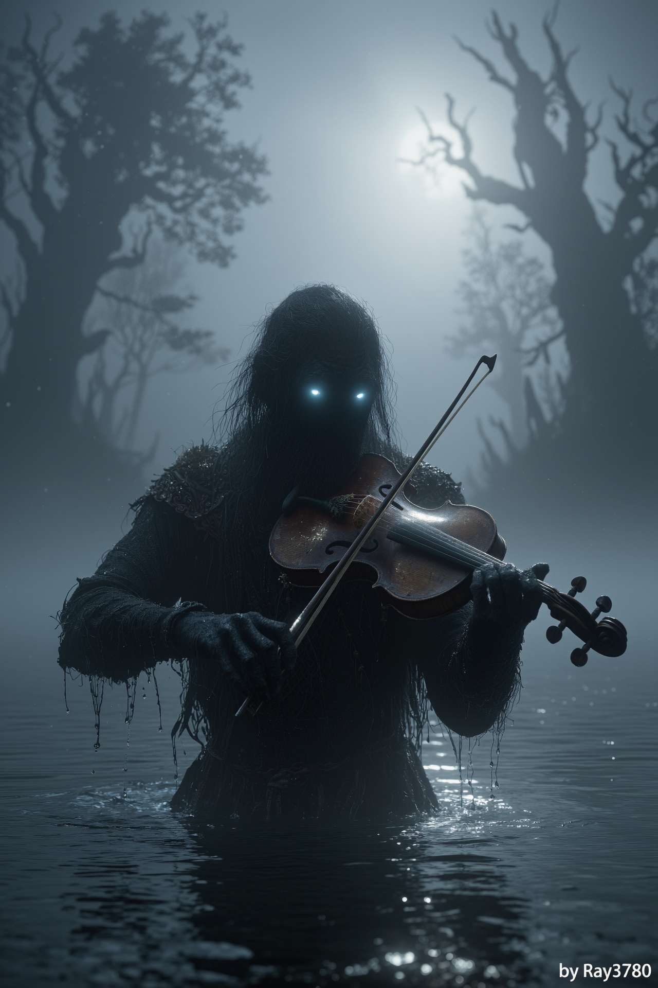 photorealistic cinematic shot of the Nøkken,  a malevolent water spirit from ancient germanic-norse mythology,  emerging f...