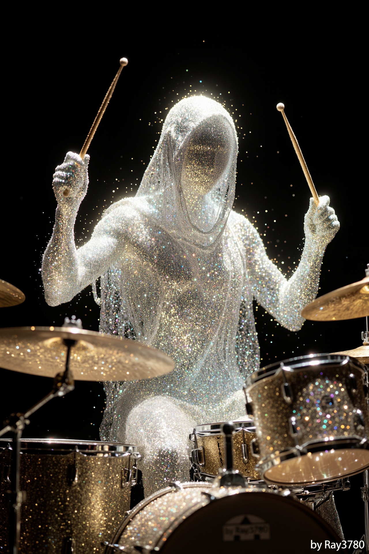 photograph of an ethereal figure made entirely out of glitter,  the body is in motion and draped over its head.A close-up...