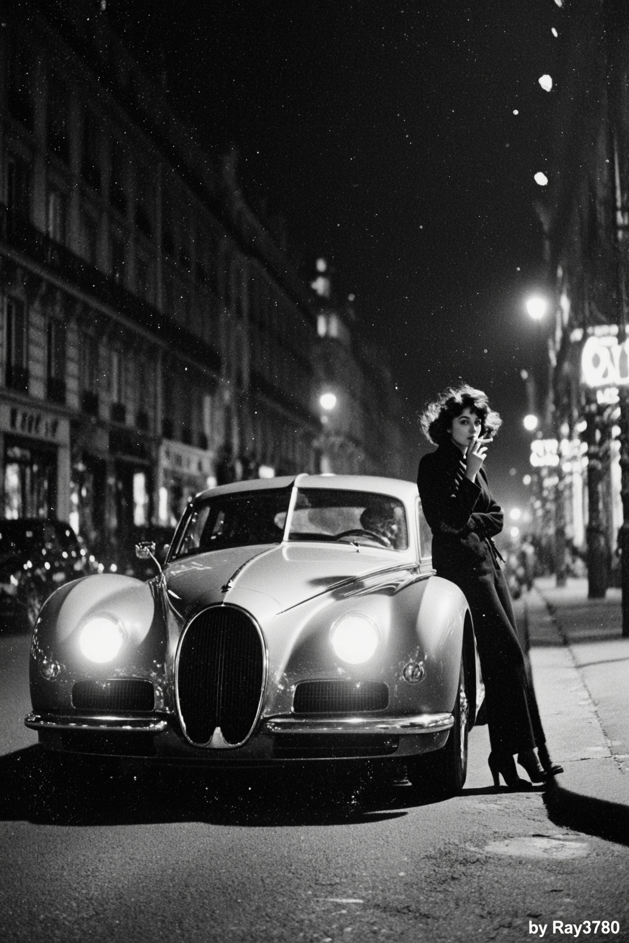 black and white cinematic photograph,  paris street at night,  bugatti tourbillon parked subtly on Tensor.Art