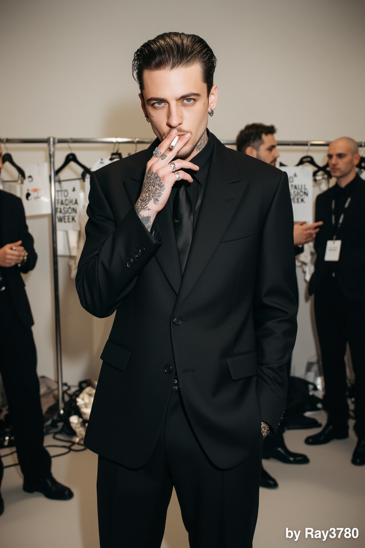 a photo of a young white man with slicked-back hair and tattoos wearing an oversized black suit,  holding up his hand to h...