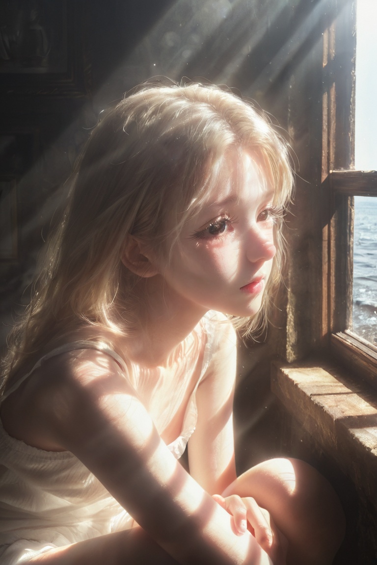 This surreal close-up portrait captures the delicate features of a person under warm,  radiant light. The focus is on larg...