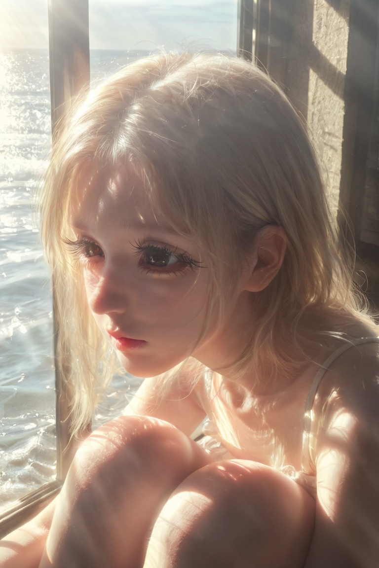 This surreal close-up portrait captures the delicate features of a person under warm,  radiant light. The focus is on larg...