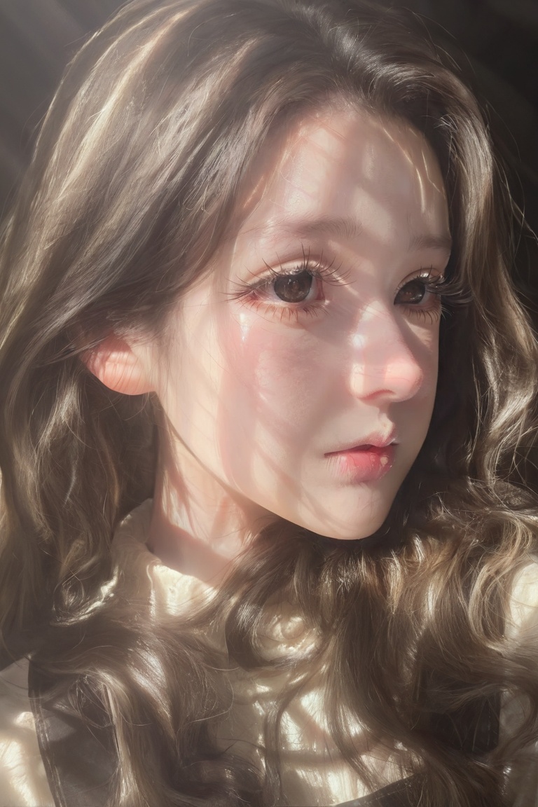 A hyper-realistic close-up portrait captures the delicate features of a person under bright,  warm lighting. The focus cen...