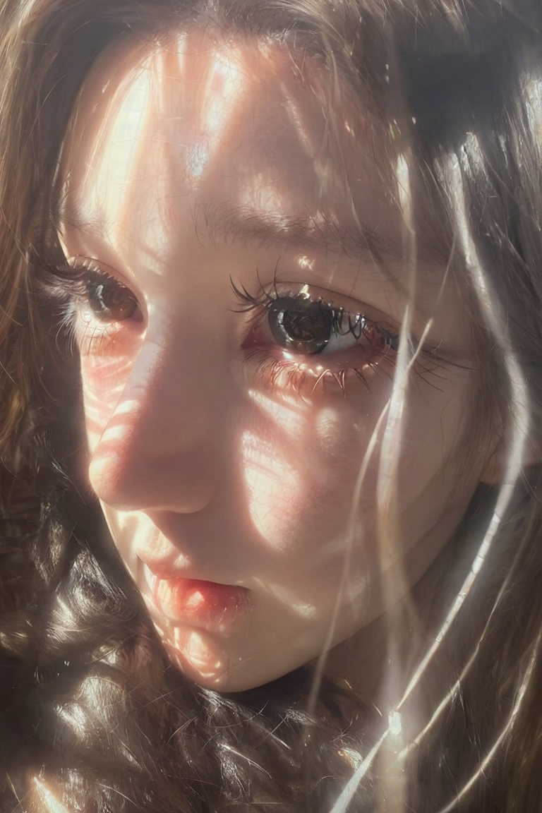 A hyper-realistic close-up portrait captures the delicate features of a person under bright,  warm lighting. The focus cen...