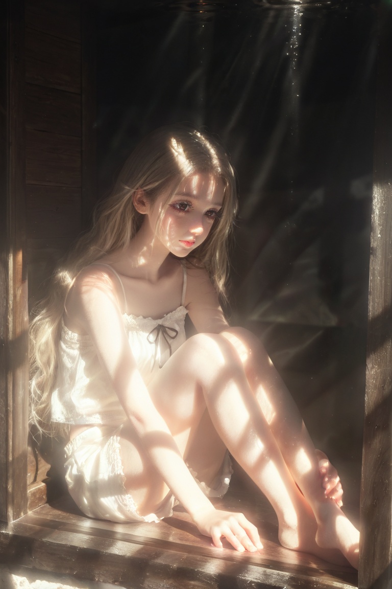 This surreal close-up portrait captures the delicate features of a person under warm,  radiant light. The focus is on larg...