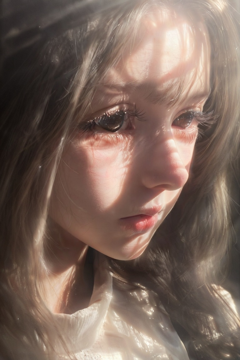 A hyper-realistic close-up portrait captures the delicate features of a person under bright,  warm lighting. The focus cen...