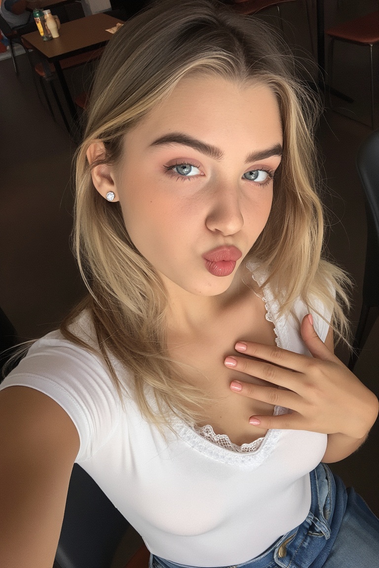 photo. fun sexy sensual popular college student female taking sexy selfie while sitting in a coffee shop,  high angle. fli...