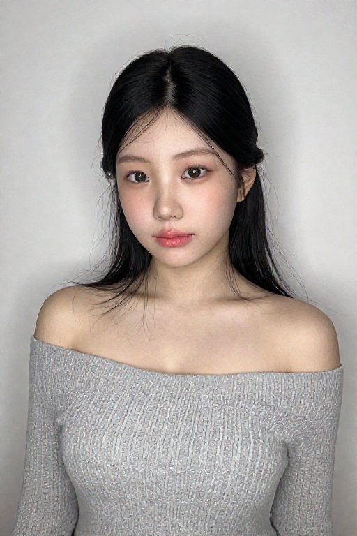 The image shows a young woman with long black hair styled in a half-up,  half-down fashion. She has a soft,  natural makeu...