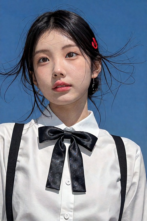 Photorealistic outdoor portrait of a young woman in a white dress shirt with a black satin bow tie and black suspenders,...