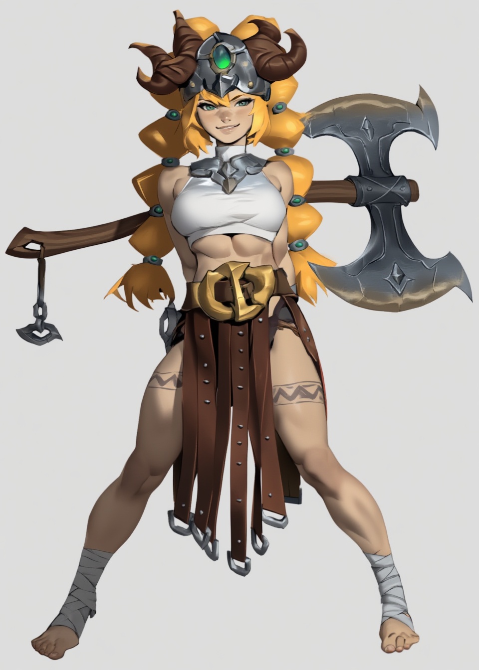 A digital character illustration features a muscular female warrior standing in a confident pose against a neutral light g...