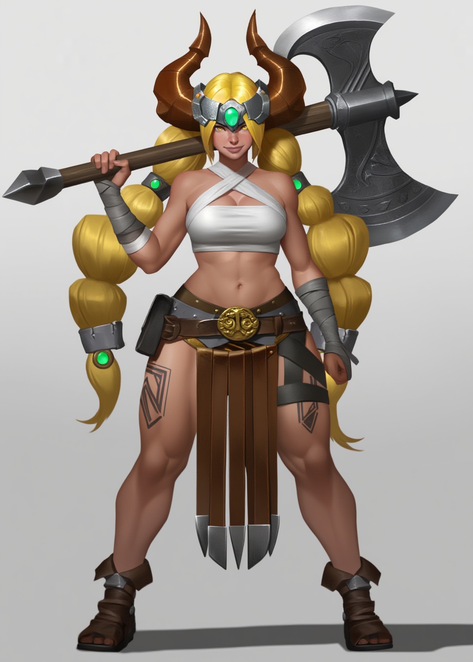 A digital character illustration features a muscular female warrior standing in a confident pose against a neutral light g...