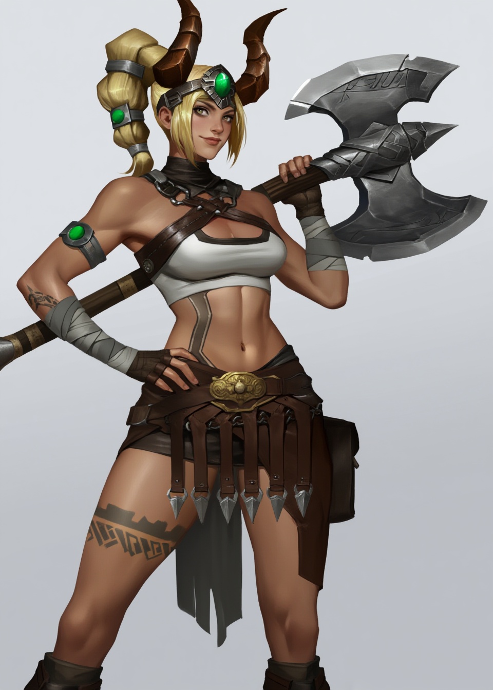A digital character illustration features a muscular female warrior standing in a confident pose against a neutral light g...