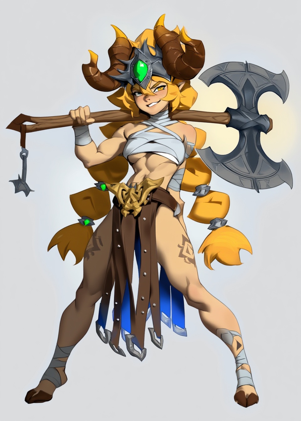 A digital character illustration features a muscular female warrior standing in a confident pose against a neutral light g...