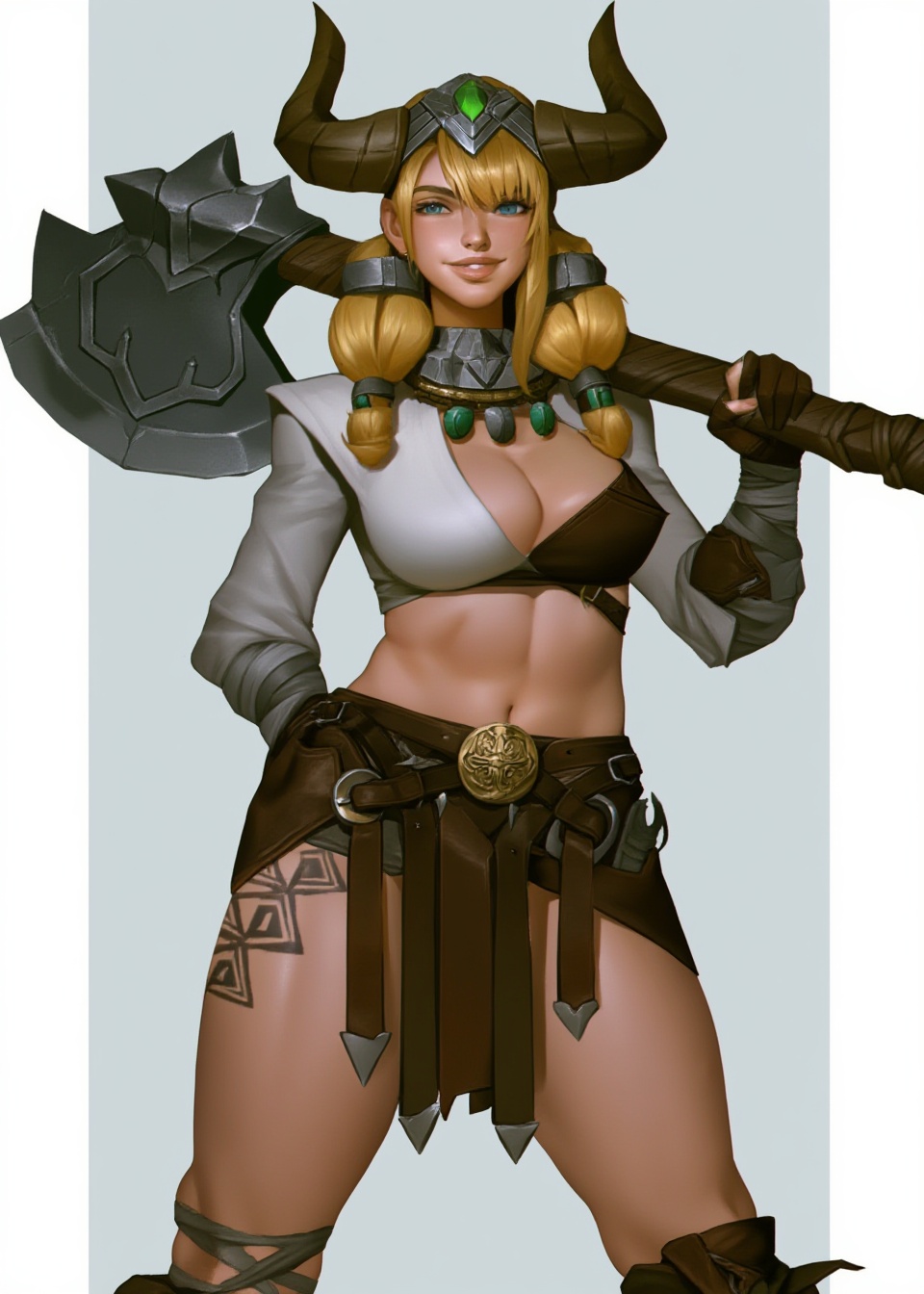 A digital character illustration features a muscular female warrior standing in a confident pose against a neutral light g...