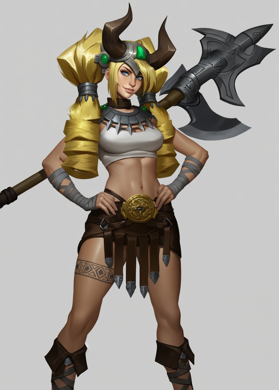 A digital character illustration features a muscular female warrior standing in a confident pose against a neutral light g...