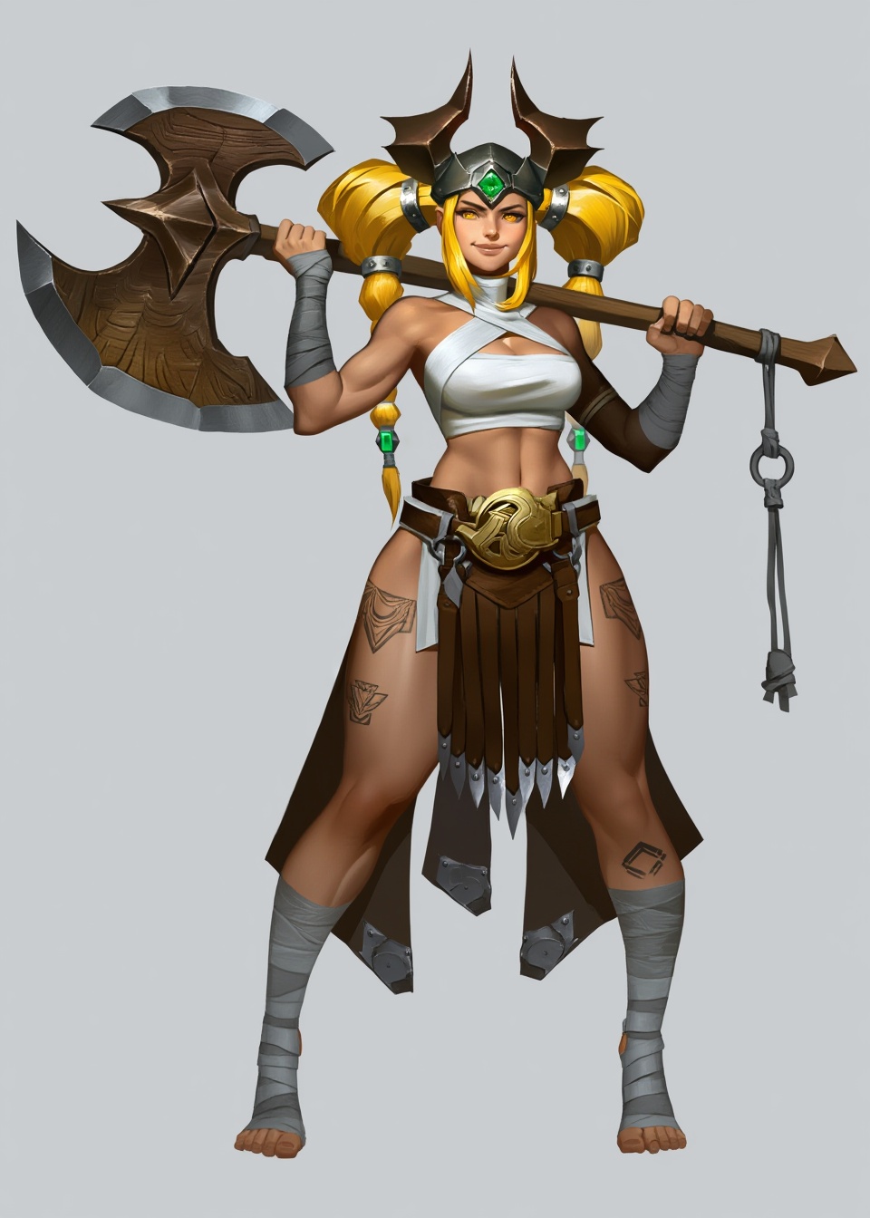 A digital character illustration features a muscular female warrior standing in a confident pose against a neutral light g...