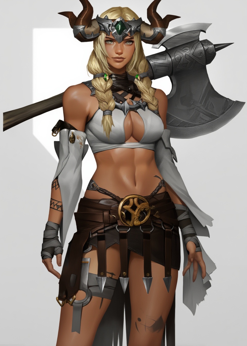 A digital character illustration features a muscular female warrior standing in a confident pose against a neutral light g...