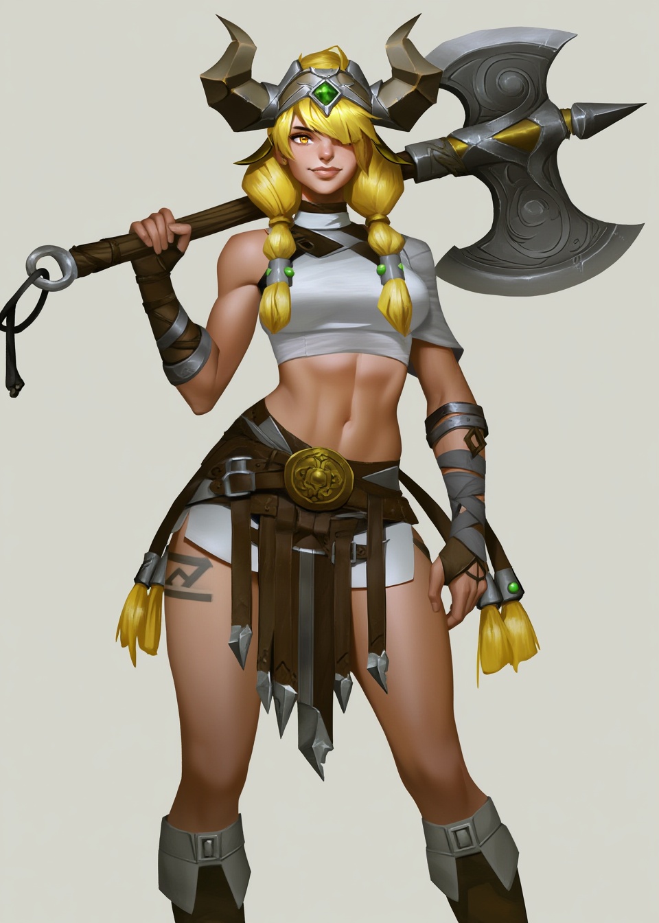 A digital character illustration features a muscular female warrior standing in a confident pose against a neutral light g...