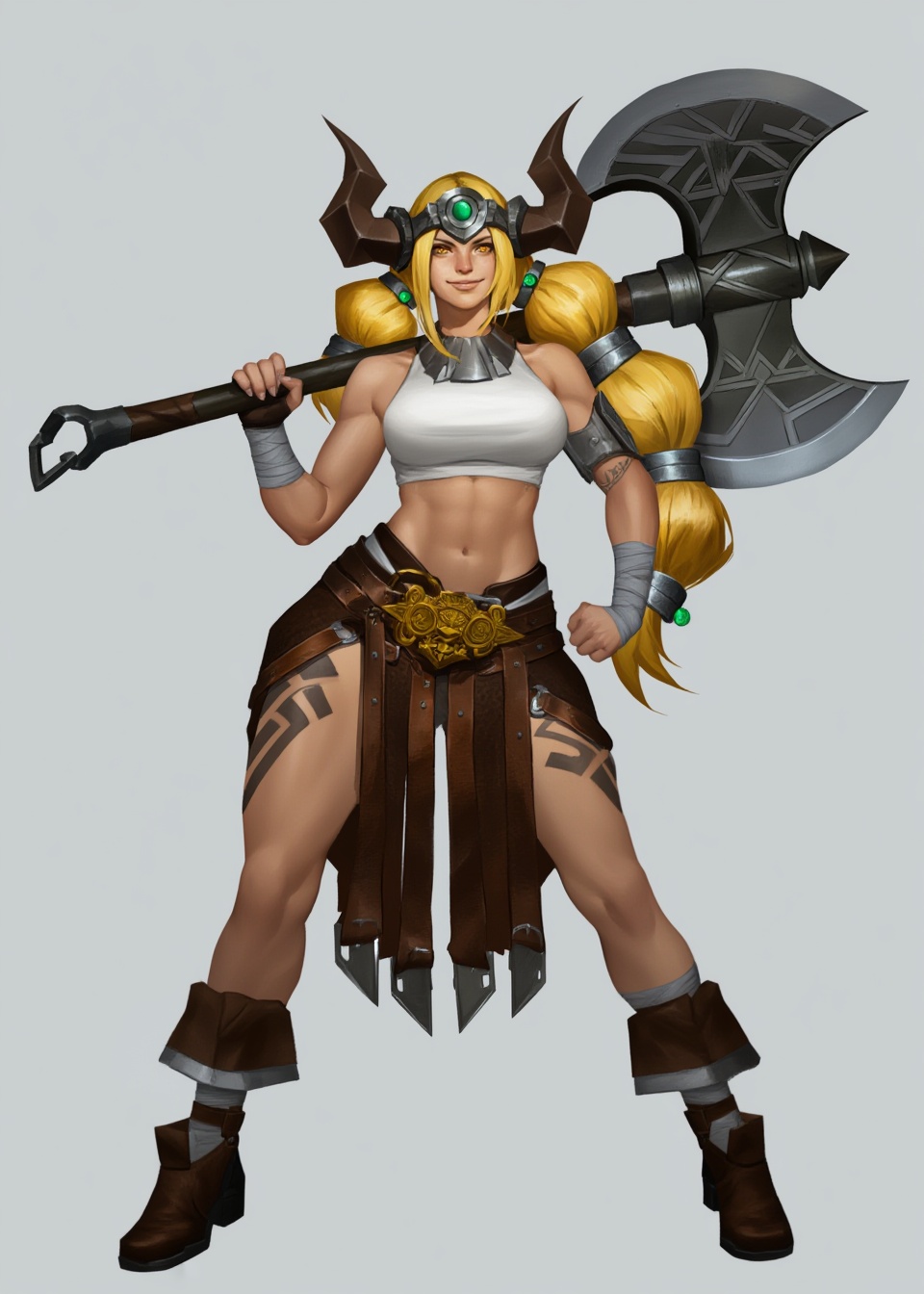 A digital character illustration features a muscular female warrior standing in a confident pose against a neutral light g...