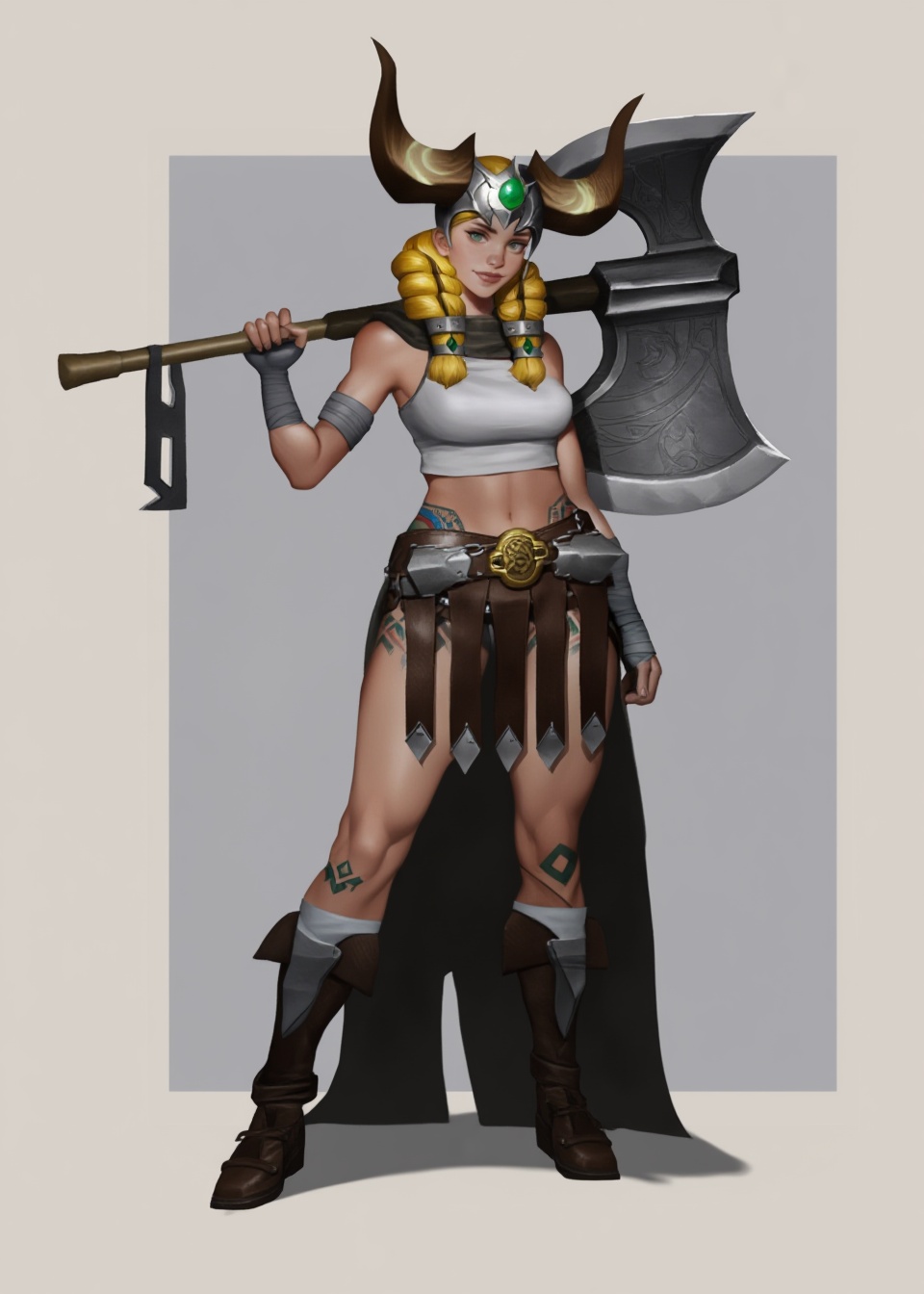 A digital character illustration features a muscular female warrior standing in a confident pose against a neutral light g...