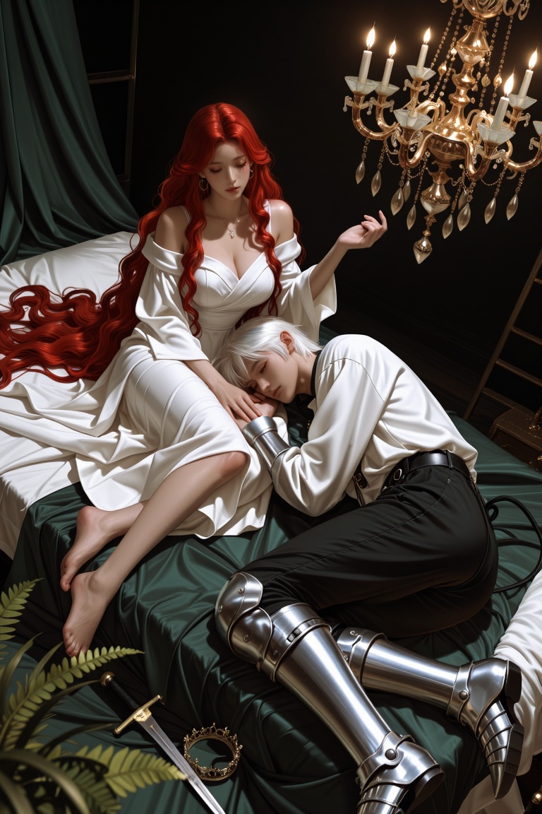 Zynv4ra,  A romantic scene of a young woman with incredibly long,  wavy red hair sitting on a bed of draped on Tensor.Art