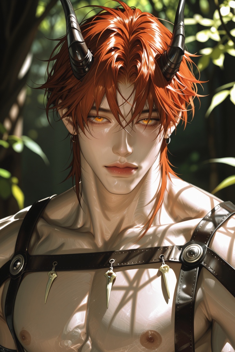 Zynv4ra,  18. A close-up portrait of a young man looking directly at the viewer under the dappled sunlight of a forest can...