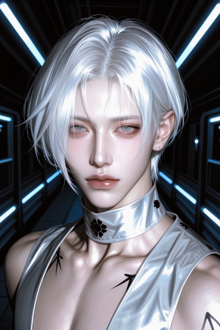 Zynv4ra,  17. A close-up portrait of a young man looking directly at the viewer in a sterile,  futuristic hallway with blu...