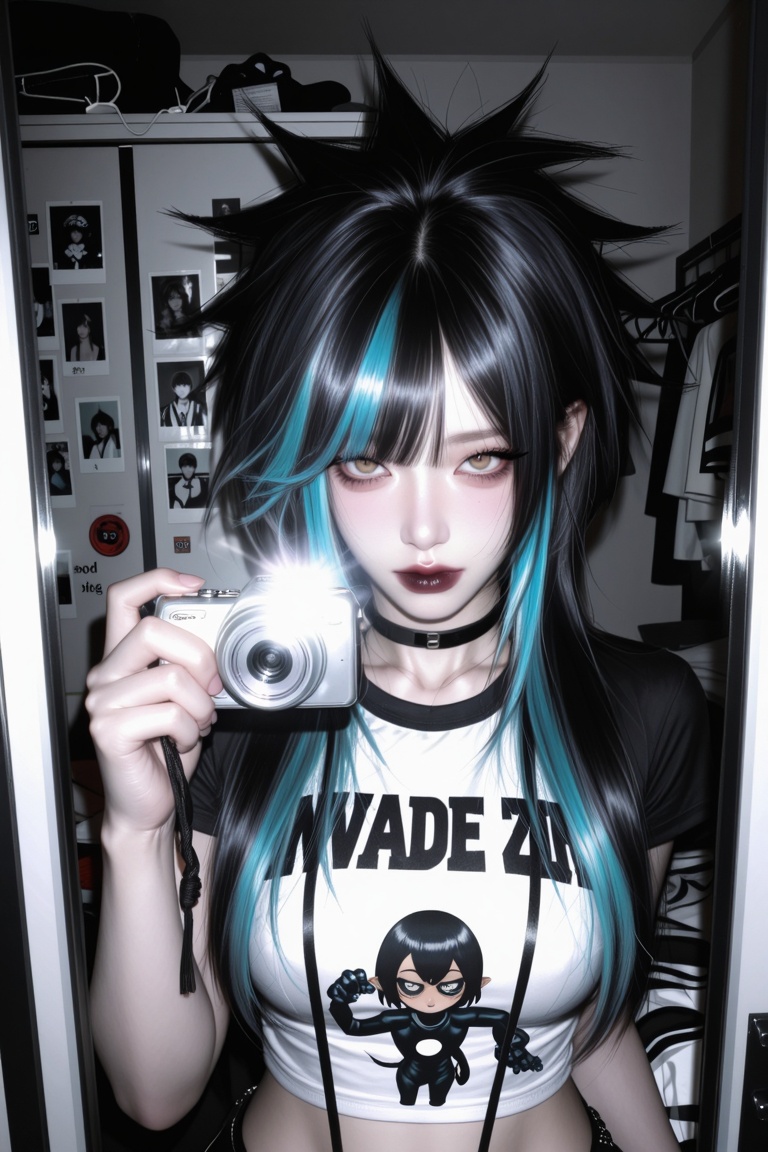 A conceptual upper-body portrait framed as a mirror reflection. The girl is posing with a vintage digital camera; the flas...
