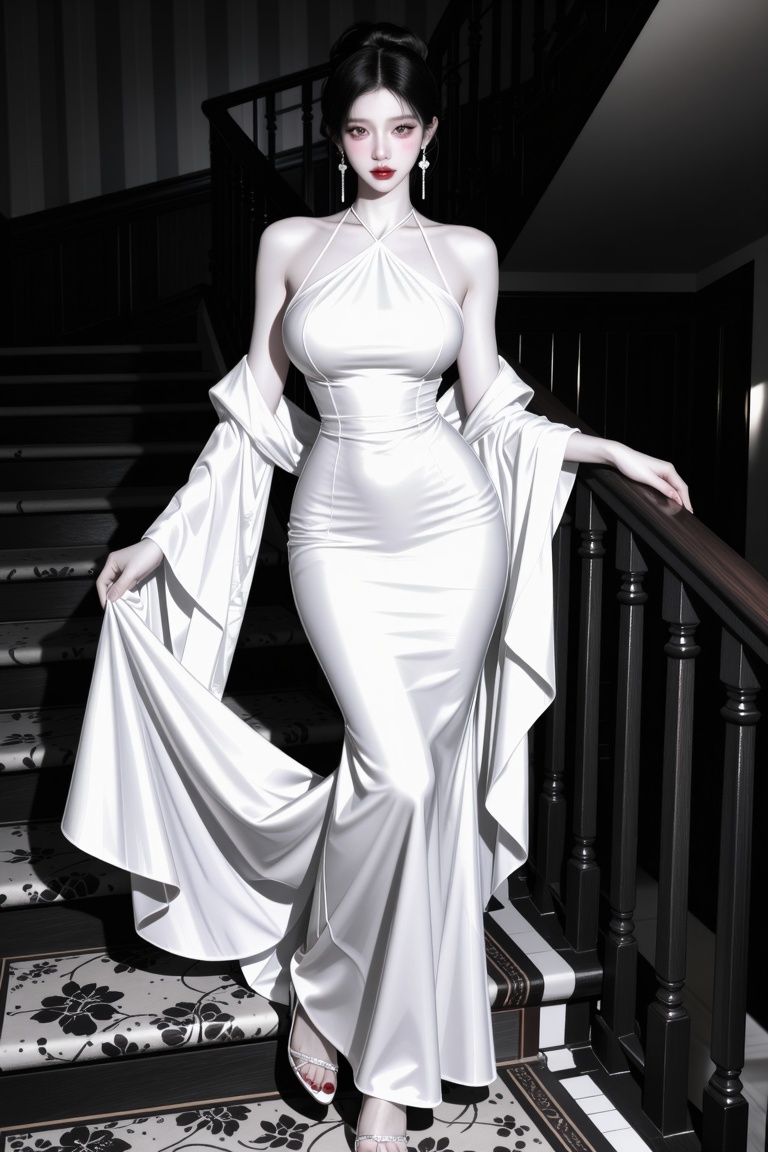 Zynv4ra,  An elegant young woman standing on a grand indoor staircase,  looking directly at the viewer with a composed exp...