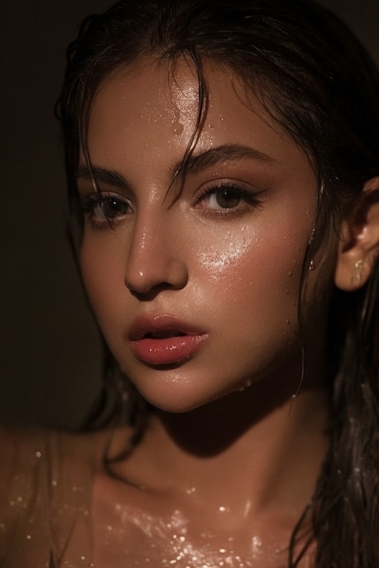 Ultra-close cinematic beauty portrait of a woman with dewy,  wet skin glistening under soft directional light,  slightly p...